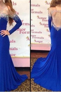 Long Blue Mermaid Beaded Illusion Neckline Prom Dresses Party Evening Gowns 3020439