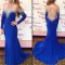 Long Blue Mermaid Beaded Illusion Neckline Prom Dresses Party Evening Gowns 3020439