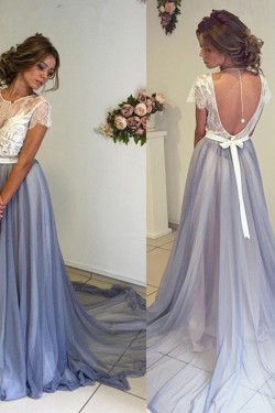 Lace Chiffon Cap Sleeves Long Prom Dresses Party Evening Gowns 3020440
