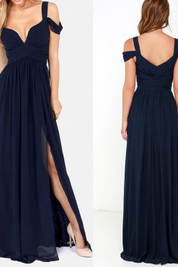 Long Navy Chiffon Side Slit Prom Dresses Party Evening Gowns 3020442