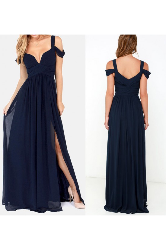 Long Navy Chiffon Side Slit Prom Dresses Party Evening Gowns 3020442