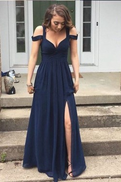 Long Navy Chiffon Side Slit Prom Dresses Party Evening Gowns 3020442