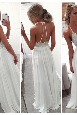Long White Spaghetti Straps Chiffon Prom Dresses Party Evening Gowns 3020443