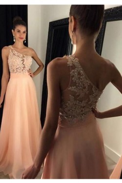 A-Line One-Shoulder Beaded Lace Chiffon Prom Dresses Party Evening Gowns 3020444