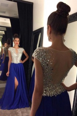 Long Blue Beaded Prom Dresses Party Evening Gowns 3020446