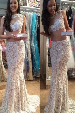 Two Pieces Lace Illusion Neckline Prom Dresses Party Evening Gowns 3020455
