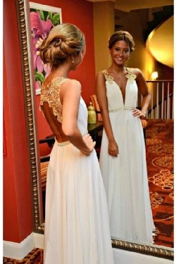 Long White Gold Lace Appliques Prom Dresses Party Evening Gowns 3020460