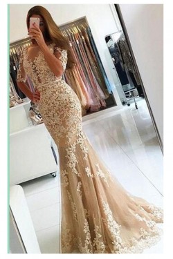 Mermaid Short Sleeves Lace Appliques Long Prom Dresses Party Evening Gowns 3020462