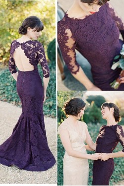 3/4 Length Sleeves Mermaid Long Purple Lace Prom Dresses Party Evening Gowns 3020464