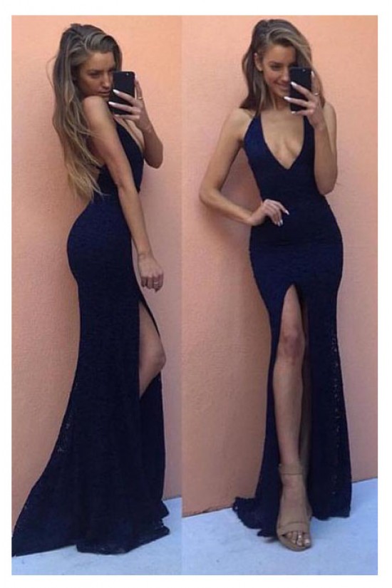 Sexy Mermaid Long Navy Lace V-Neck Prom Dresses Party Evening Gowns 3020465