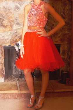 Beaded Tulle Two Pieces Short Homecoming Cocktail Prom Dresses 3020466