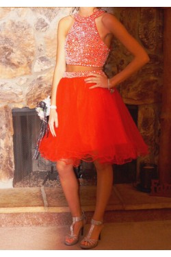 Beaded Tulle Two Pieces Short Homecoming Cocktail Prom Dresses 3020466