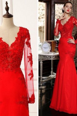 Long Sleeves Mermaid Red Lace Prom Dresses Party Evening Gowns 3020474