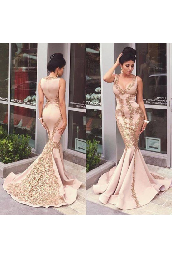 Mermaid Gold Lace Appliques Prom Dresses Party Evening Gowns 3020475