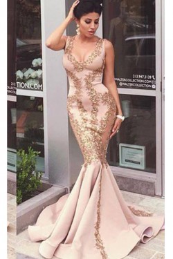 Mermaid Gold Lace Appliques Prom Dresses Party Evening Gowns 3020475