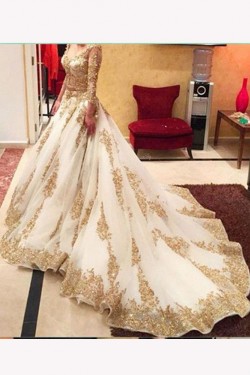 Gold Lace Appliques Long Sleeves Prom Dresses Party Evening Gowns 3020478