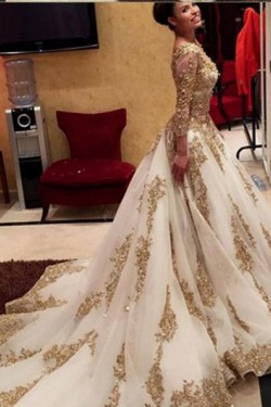 Gold Lace Appliques Long Sleeves Prom Dresses Party Evening Gowns 3020478