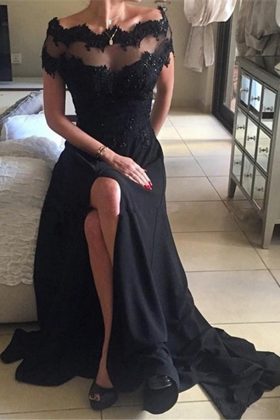 Long Black Illusion Neckline Lace Chiffon Prom Dresses Party Evening Gowns 3020481