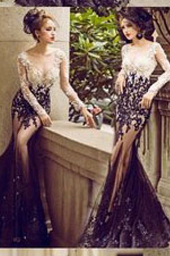 Sexy Mermaid Long Sleeves Black White Lace Prom Dresses Party Evening Gowns 3020484