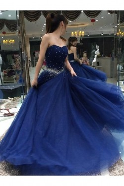 Long Blue Beaded Prom Dresses Party Evening Gowns 3020489