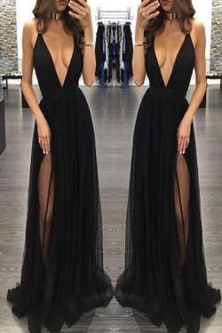 Sexy Low V-Neck Long Black Prom Dresses Party Evening Gowns 3020492