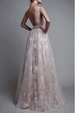 Sexy Low V-Neck Lace Tulle Long Prom Dresses Left Picture 3020493