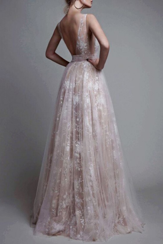 Sexy Low V-Neck Lace Tulle Long Prom Dresses Left Picture 3020493