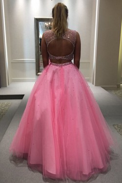 Beaded Two Pieces Long Pink Keyhole Back Prom Dresses Party Evening Gowns 3020503