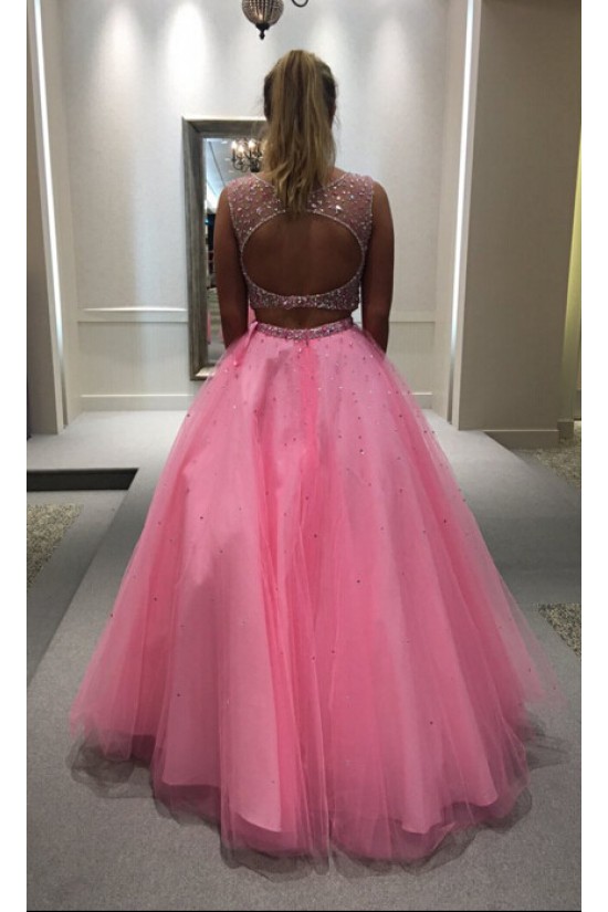 Beaded Two Pieces Long Pink Keyhole Back Prom Dresses Party Evening Gowns 3020503