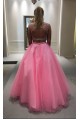 Beaded Two Pieces Long Pink Keyhole Back Prom Dresses Party Evening Gowns 3020503