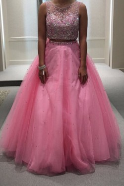 Beaded Two Pieces Long Pink Keyhole Back Prom Dresses Party Evening Gowns 3020503