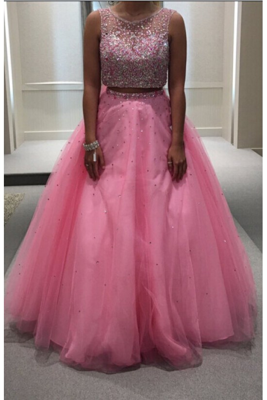 Beaded Two Pieces Long Pink Keyhole Back Prom Dresses Party Evening Gowns 3020503