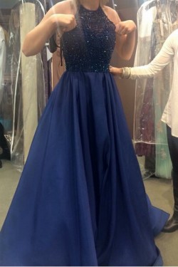 A-Line Beaded Halter Long Blue Prom Dresses Party Evening Gowns 3020507