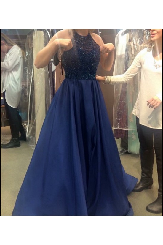 A-Line Beaded Halter Long Blue Prom Dresses Party Evening Gowns 3020507
