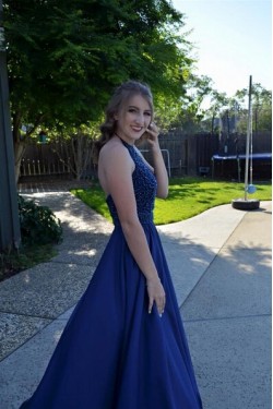 A-Line Beaded Halter Long Blue Prom Dresses Party Evening Gowns 3020507