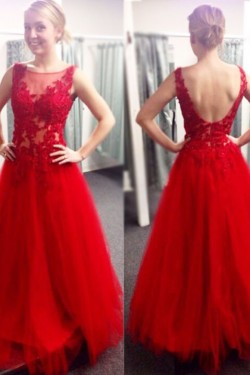 Long Red Lace and Tulle Prom Dresses Party Evening Gowns 3020508