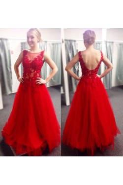 Long Red Lace and Tulle Prom Dresses Party Evening Gowns 3020508