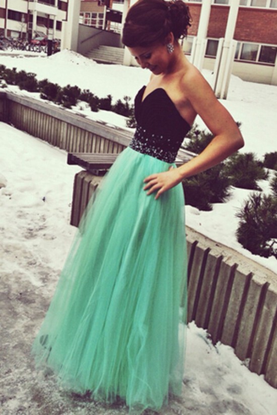 Long Black Mint Sweetheart Beaded Tulle Prom Dresses Party Evening Gowns 3020510