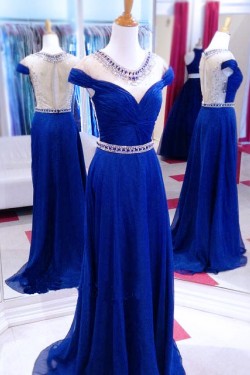 Long Blue Beaded Illusion Neckline Prom Dresses Party Evening Gowns 3020511