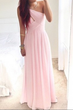 Long Pink One-Shoulder Chiffon Prom Dresses Party Evening Gowns 3020512