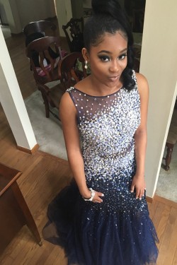 Mermaid Beaded Long Blue Prom Dresses Party Evening Gowns 3020513