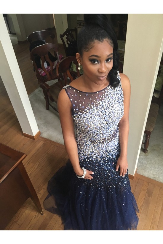 Mermaid Beaded Long Blue Prom Dresses Party Evening Gowns 3020513