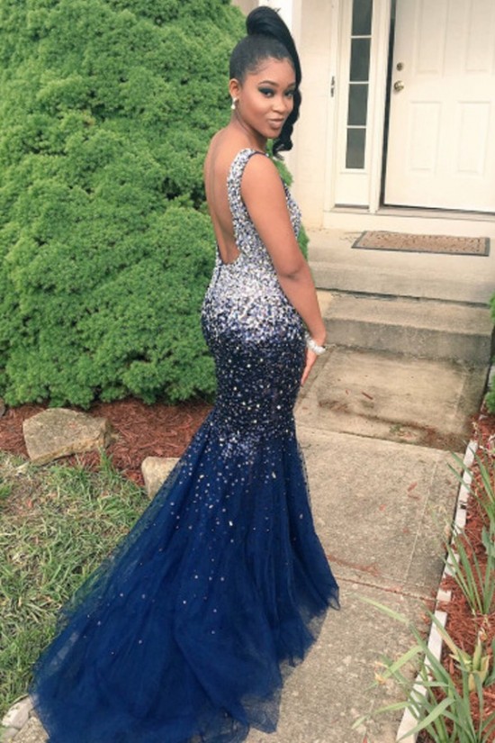 Mermaid Beaded Long Blue Prom Dresses Party Evening Gowns 3020513