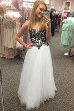 Long Black White Lace and Tulle Prom Dresses Party Evening Gowns 3020514