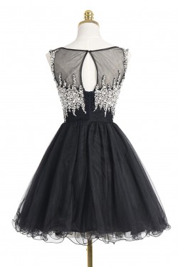 Short/Mini Illusion Neckline Beaded Black Homecoming Cocktail Prom Dresses 3020523