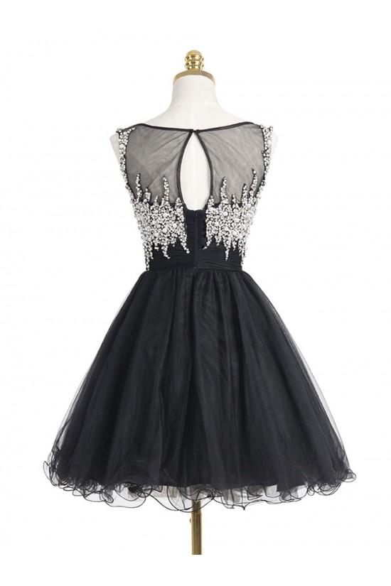 Short/Mini Illusion Neckline Beaded Black Homecoming Cocktail Prom Dresses 3020523