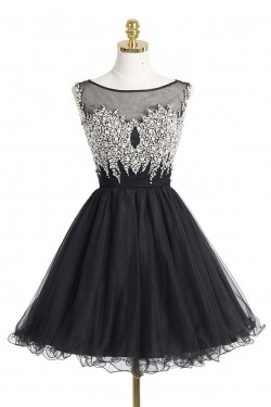 Short/Mini Illusion Neckline Beaded Black Homecoming Cocktail Prom Dresses 3020523
