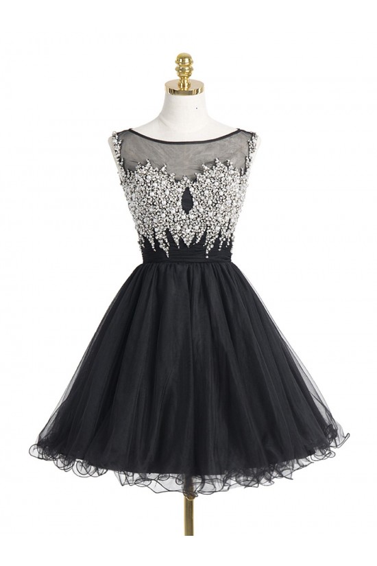 Short/Mini Illusion Neckline Beaded Black Homecoming Cocktail Prom Dresses 3020523