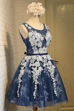 Short Blue Tulle White Lace Appliques Homecoming Cocktail Prom Dresses 3020527