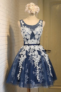 Short Blue Tulle White Lace Appliques Homecoming Cocktail Prom Dresses 3020527